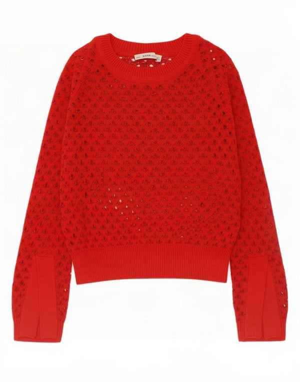 Zara Damen Häkelpullover mit U-Boot-Ausschnitt, UK 14, mittelrote Baumwolle
