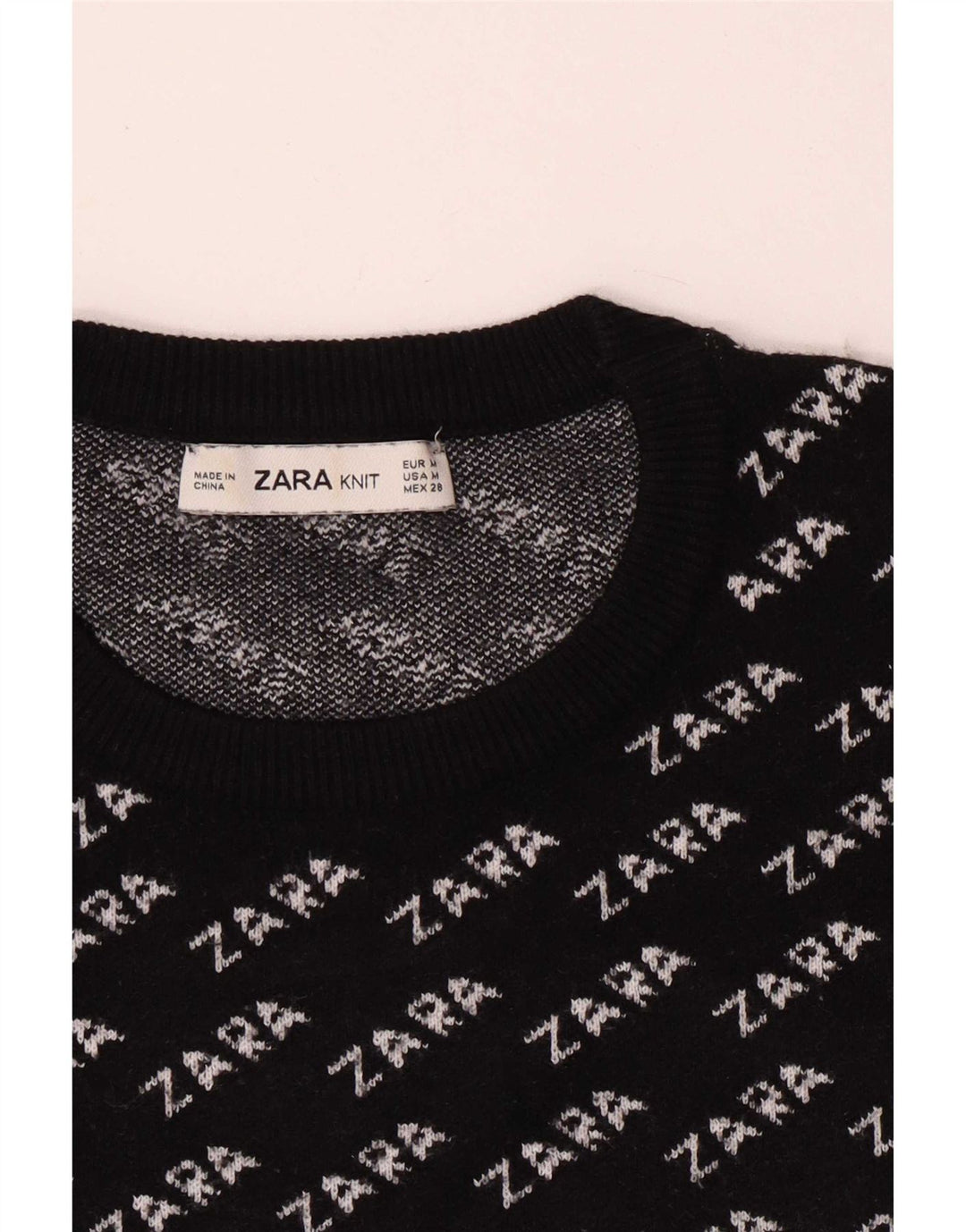 Zara Damen-Pullover mit grafischem Rundhalsausschnitt, Gr. 14, mittelschwarz