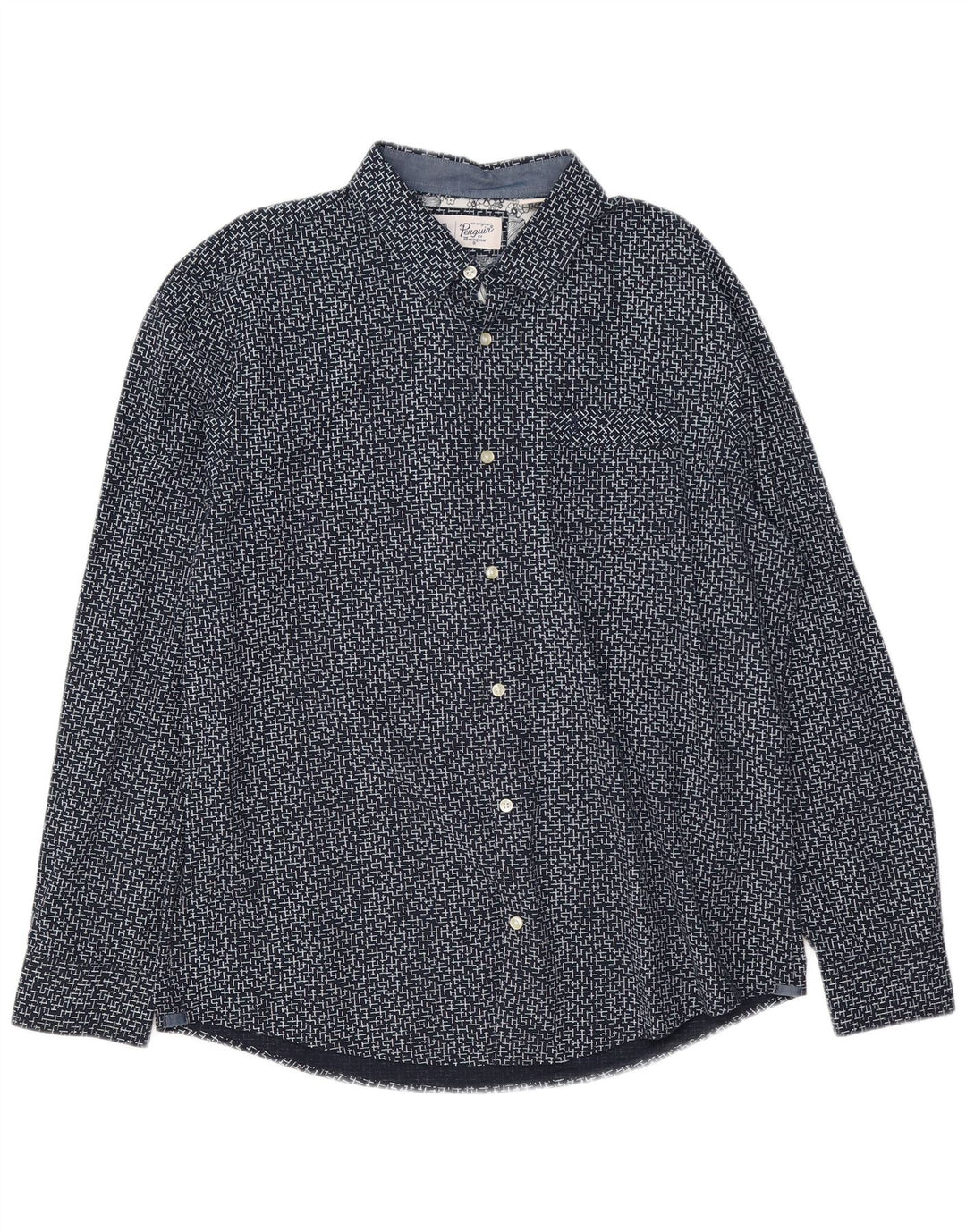 Pinguin-Herrenhemd XL aus blauer, geometrischer Baumwolle