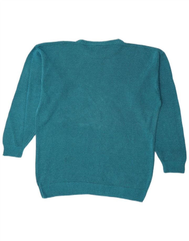 Vintage-Damenpullover mit Grafik, übergroß, U-Boot-Ausschnitt, Gr. 14, Mittelblau