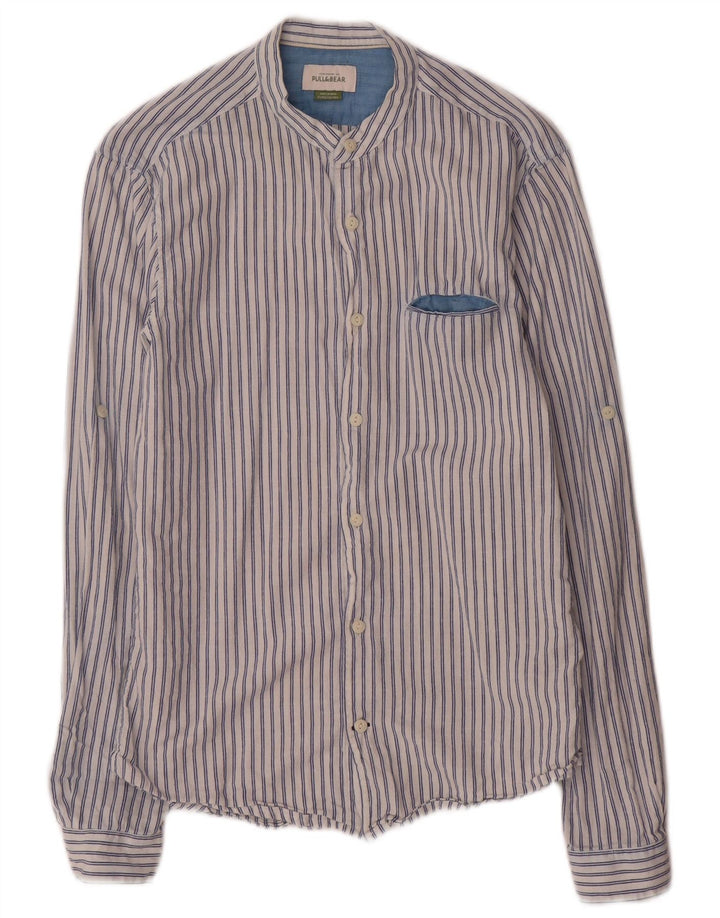 Pull & Bear Herrenhemd, kleine blaue Nadelstreifen-Baumwolle