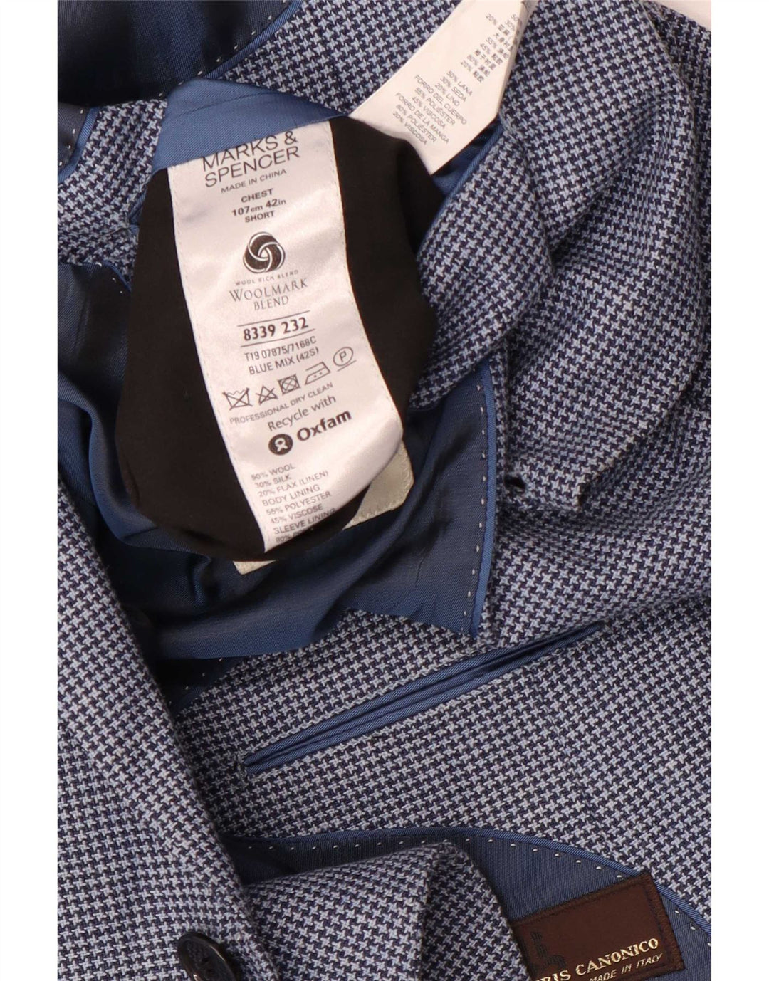 Marks & Spencer Herren-Kurzblazer, Größe 42, Blau, Hahnentrittmuster