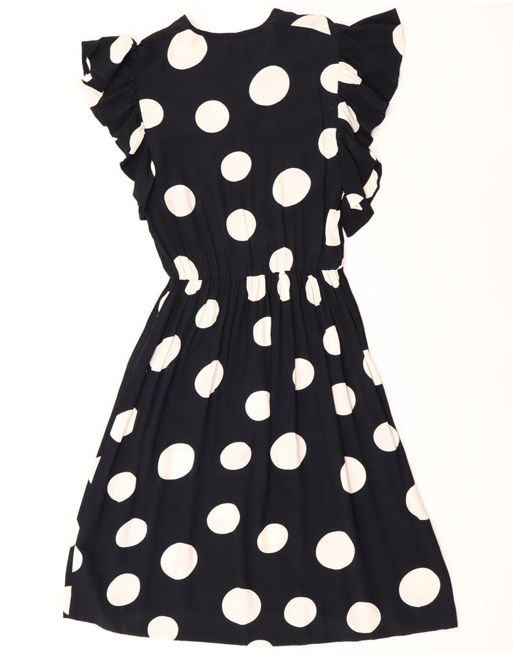 Vintage Damen A-Linie Kleid UK 12 Medium Schwarz Polka Dot