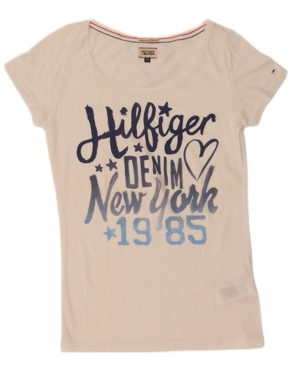 Tommy Hilfiger Damen-T-Shirt mit Grafik, UK 6 XS, weiße Baumwolle