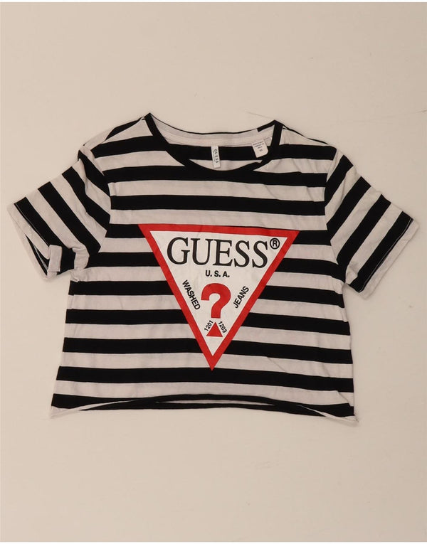 Guess Damen Crop Graphic T-Shirt Top UK 6 XS Schwarz gestreift