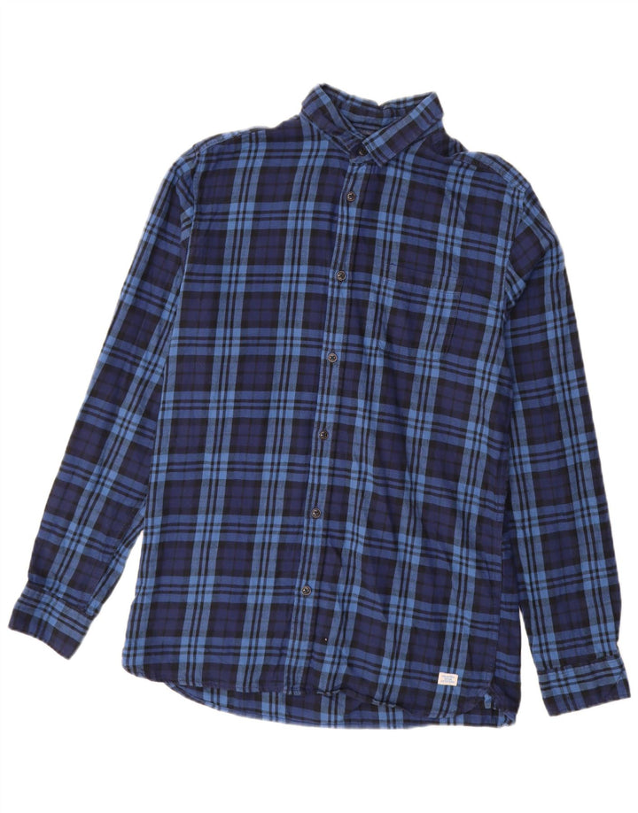 JACK & JONES Herren-Flanellhemd, mittelblau, kariert, Baumwolle