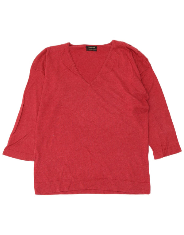Massimo Dutti Womens 3/4 Sleeve V-Neck Jumper Sweater UK 16 Large Red