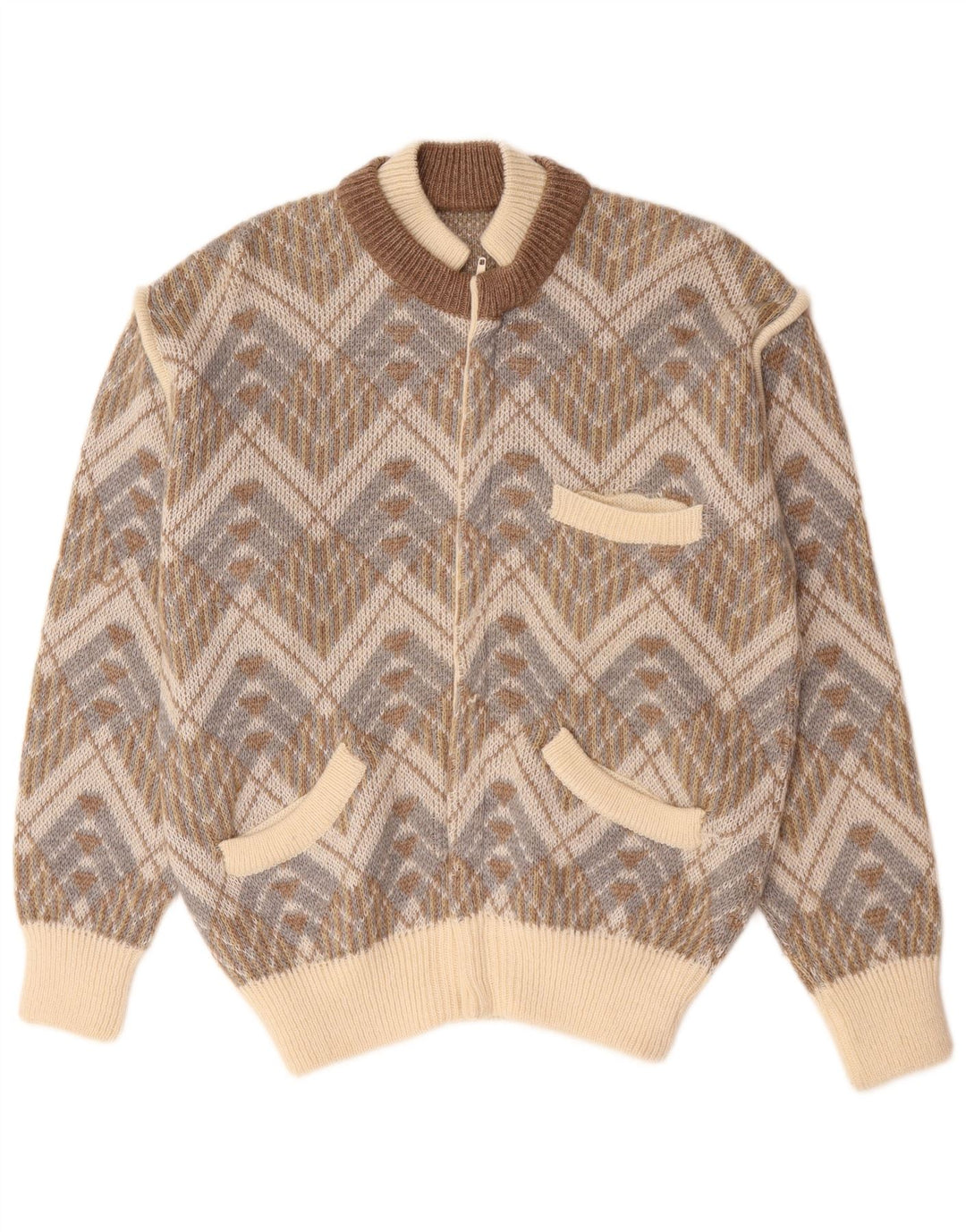 Vintage Herren Cardigan Pullover Groß Beige Geometrisch