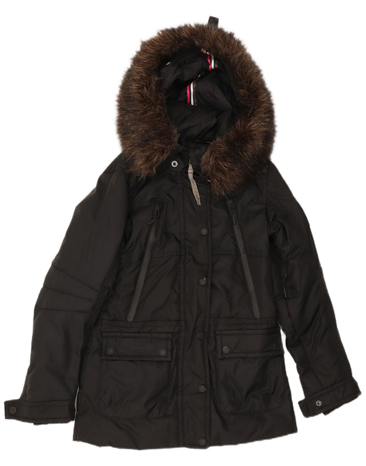 Superdry Womens Hooded Graphic Wattierte Jacke UK 10 Small Schwarzes Nylon