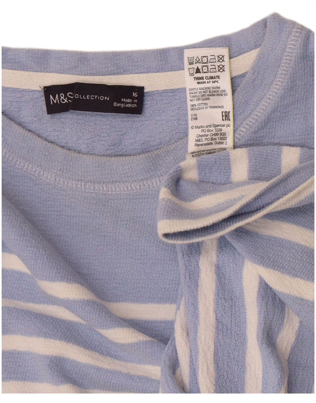 Marks & Spencer Damen Top Langarm UK 16 Große blau gestreifte Baumwolle