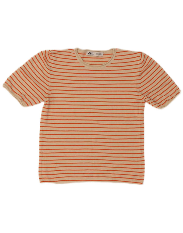 Zara Damen Crop T-Shirt Top UK 12 Medium Beige Gestreifte Viskose