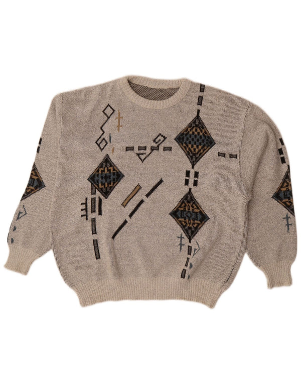 Vintage Damen Pullover mit U-Boot-Ausschnitt UK 18 XL Grau Geometrisch