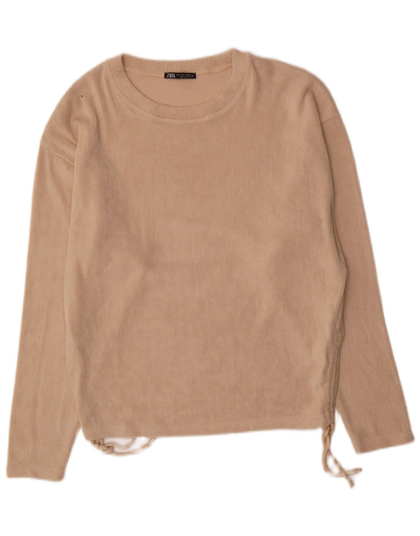 Zara Damen Velours-Pullover mit U-Boot-Ausschnitt, UK 16, Größe L, Beige, Polyester