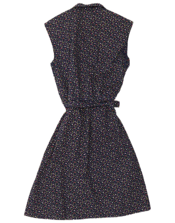 Vintage Damen Ärmelloses A-Linien-Kleid UK 12 Medium Navy Blue Floral