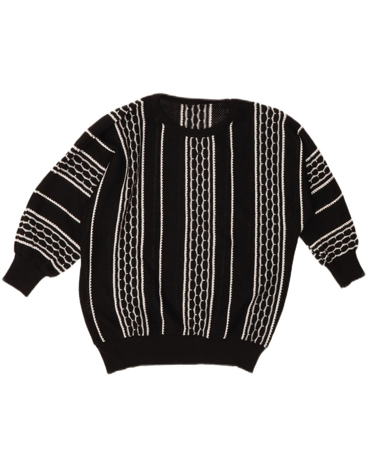 Vintage Damen Pullover mit U-Boot-Ausschnitt EU 46 XL Schwarz gestreift Polyacryl