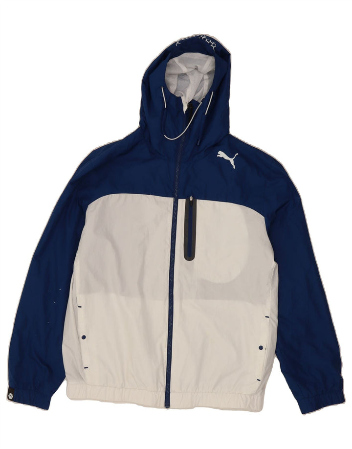 PUMA Mens Hooded Rain Jacket UK 40 Large Navy Blue Colourblock Polyester Vintage Puma and Second-Hand Puma from Messina Hembry 