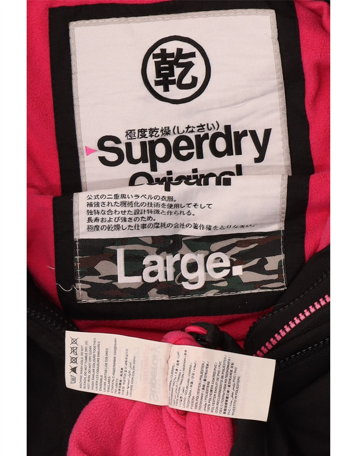 Superdry Damen-Windbreakerjacke mit Kapuze, UK 16, Größe L, schwarzes Nylon