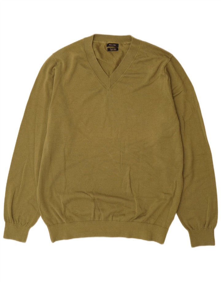 Massimo Dutti Herren-Pullover mit V-Ausschnitt, groß, Khaki, Baumwolle