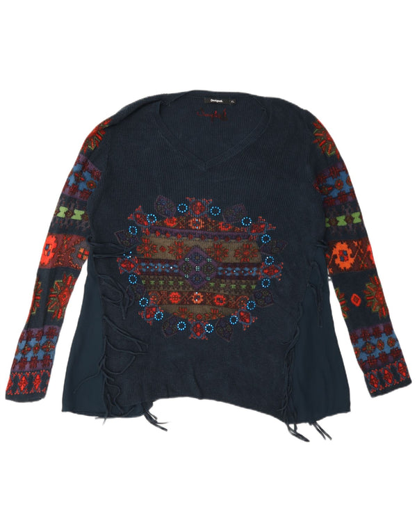Desigual Damen Pullover mit grafischem V-Ausschnitt, UK 18 XL, Marineblau mit Blumenmuster