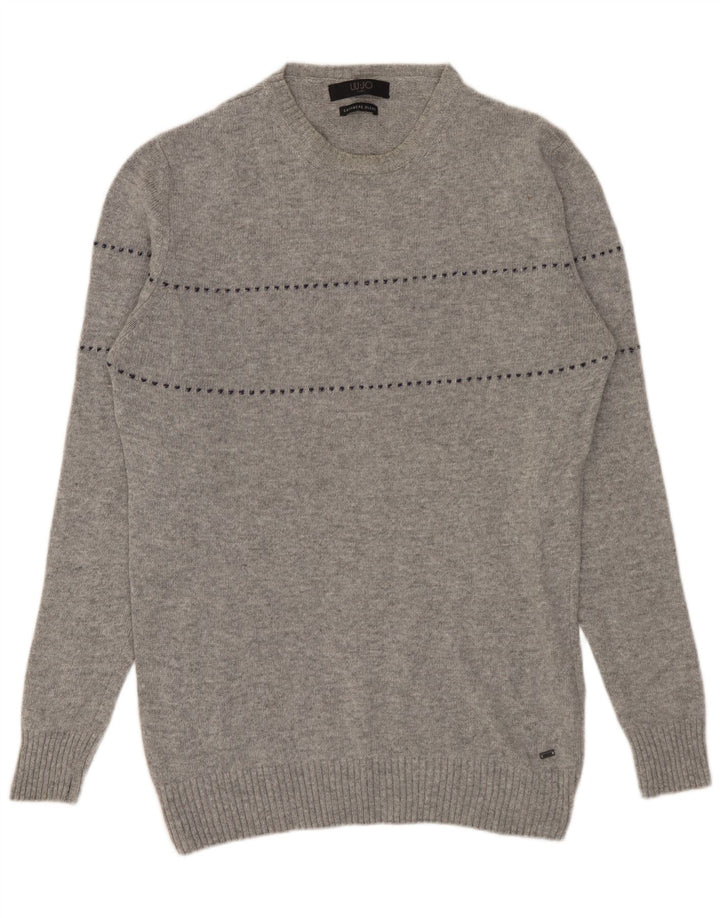 Liu Jo Herren-Pullover mit Rundhalsausschnitt, groß, grau gestreift, Wolle