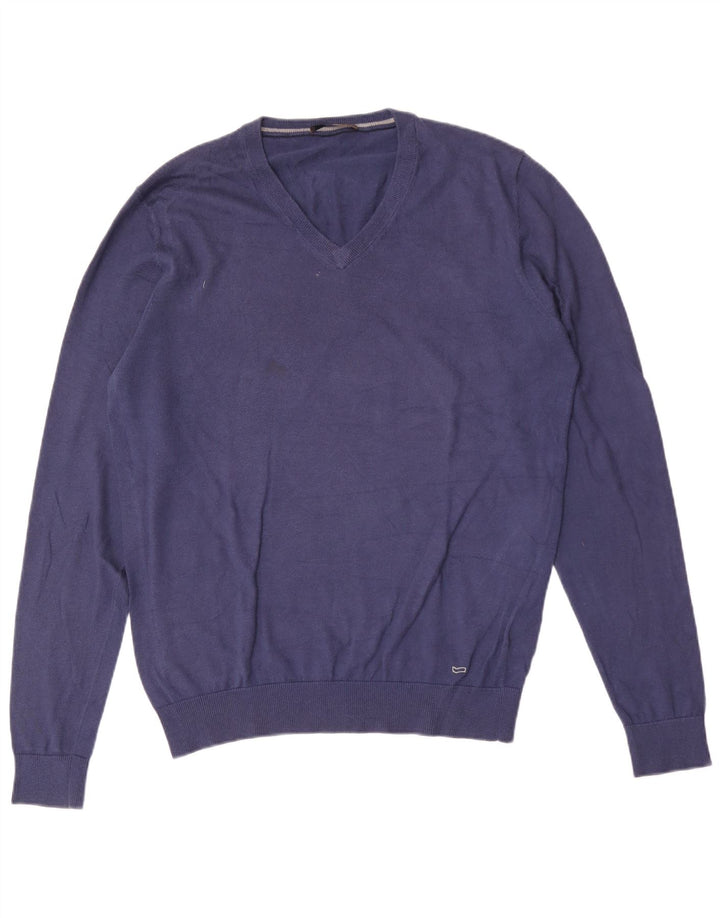 Gas Herren-Pullover mit V-Ausschnitt, groß, aus blauer Baumwolle