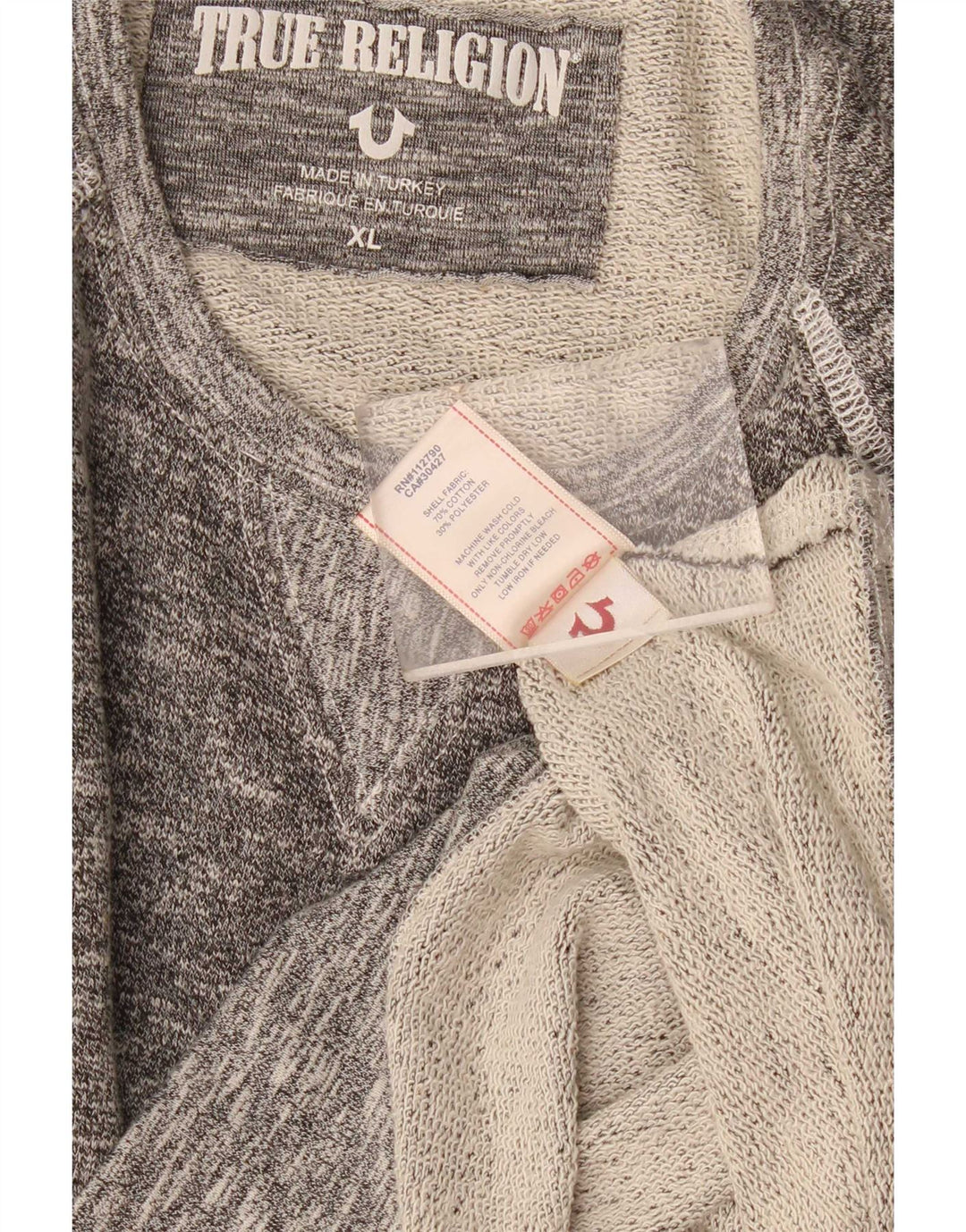 True Religion Herren-Sweatshirt-Pullover XL aus grau gefleckter Baumwolle