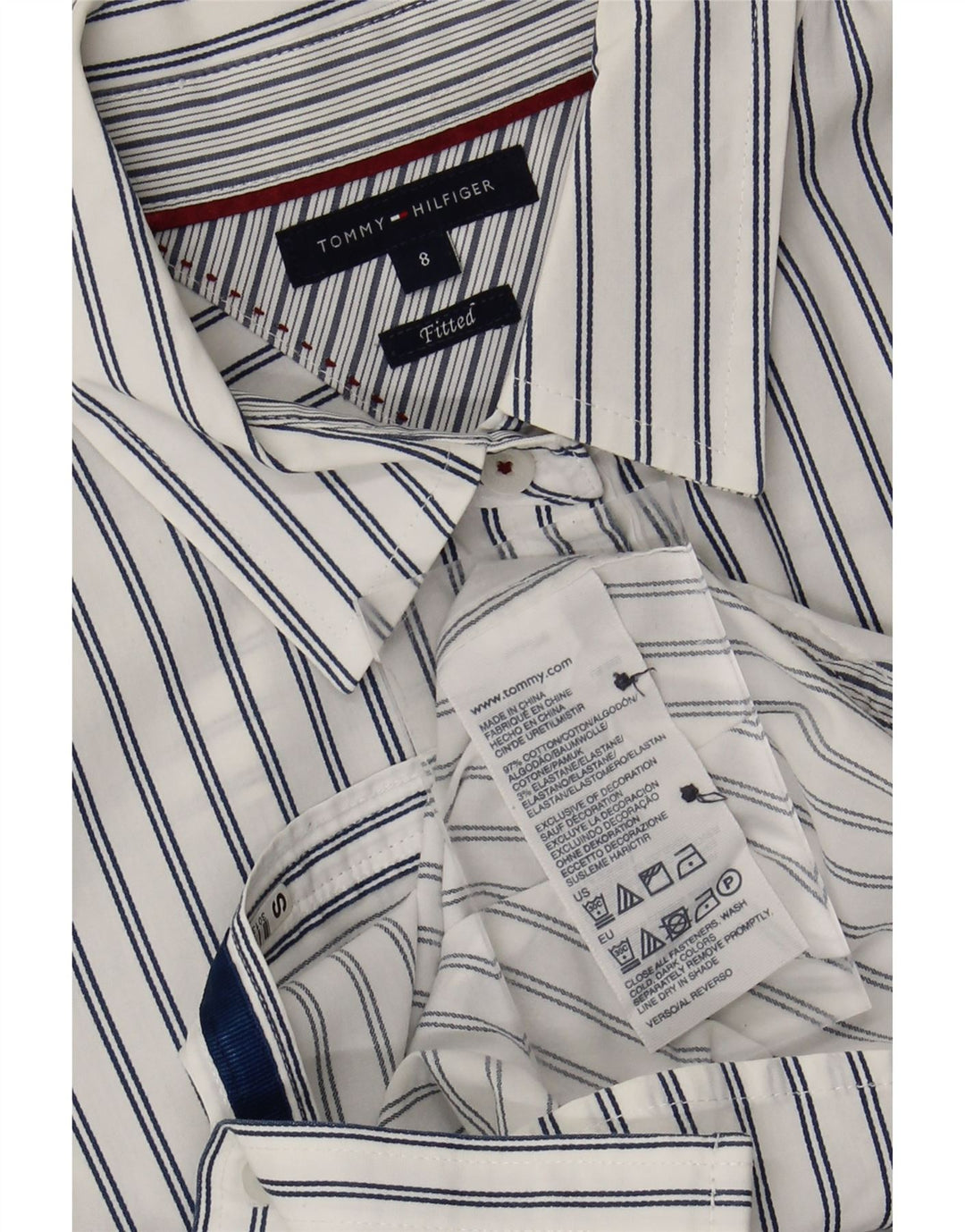 TOMMY HILFIGER Womens Fitted Shirt US 8 Medium White Pinstripe Cotton Vintage Tommy Hilfiger and Second-Hand Tommy Hilfiger from Messina Hembry 