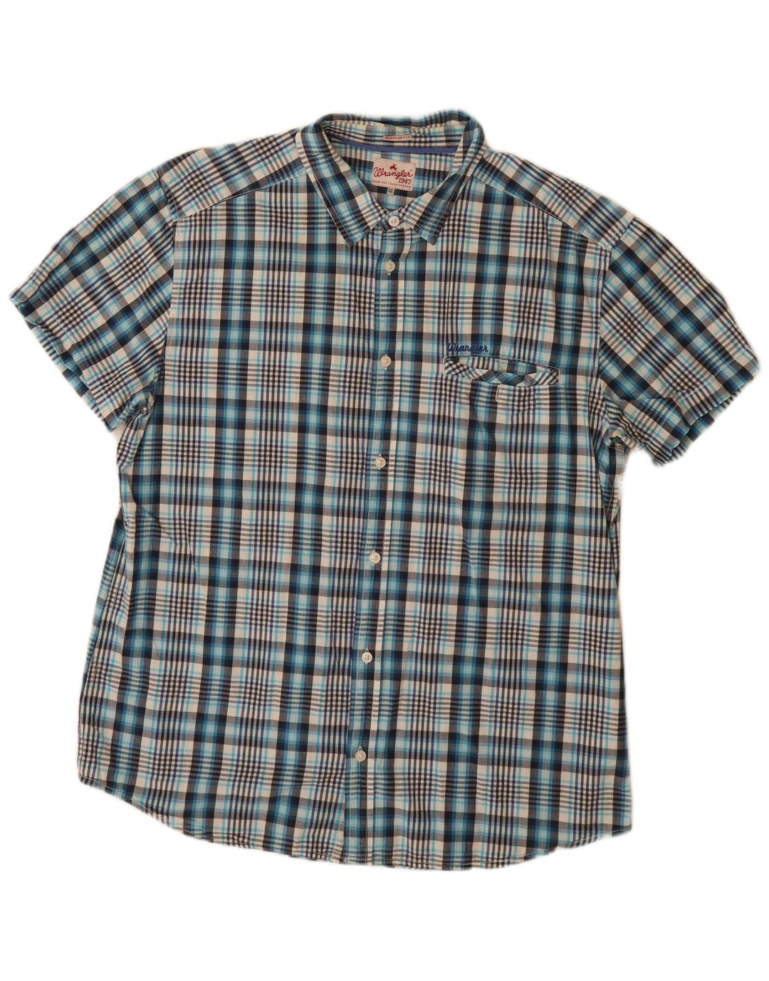 Wrangler Herren-Hemd, kurzärmelig, reguläre Passform, 2XL, blau kariert, Baumwolle