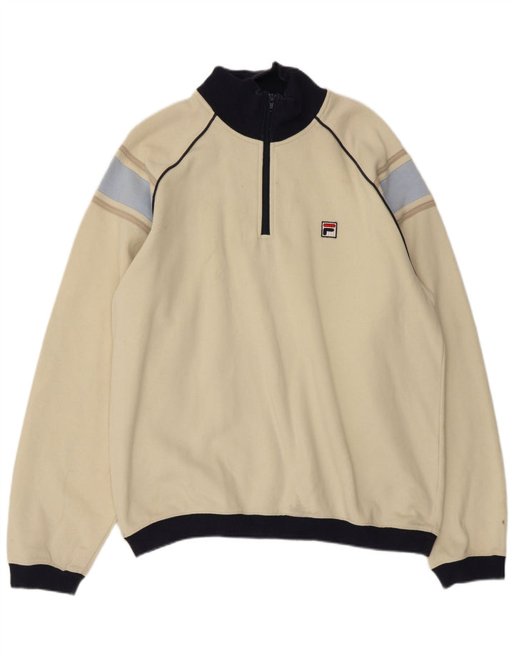 FILA Herren-Sweatshirt mit Reißverschluss am Hals, groß, cremefarbene Blockfarben-Baumwolle