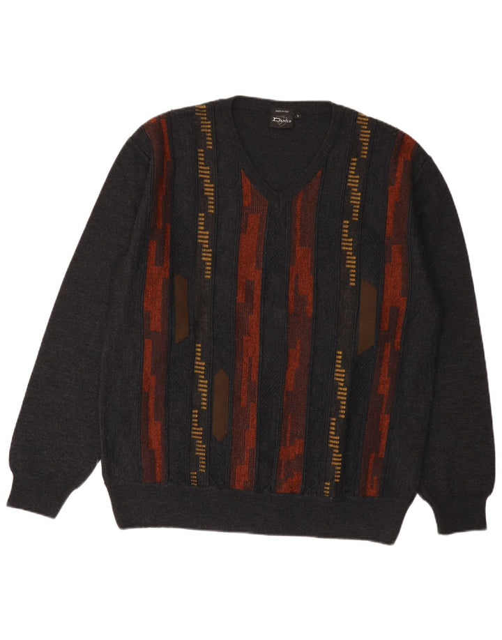 Danilo Herren-Pullover mit V-Ausschnitt, groß, grau gestreift, Polyacryl