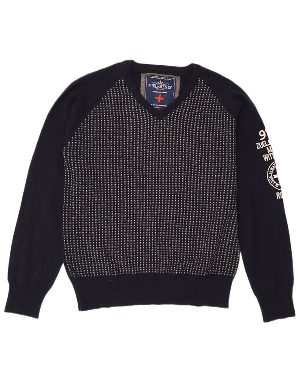 Zu Elements Herren-Pullover mit grafischem V-Ausschnitt, XL, marineblaue geometrische Wolle