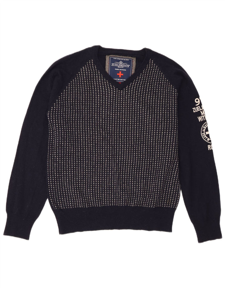 Zu Elements Herren-Pullover mit grafischem V-Ausschnitt, XL, marineblaue geometrische Wolle