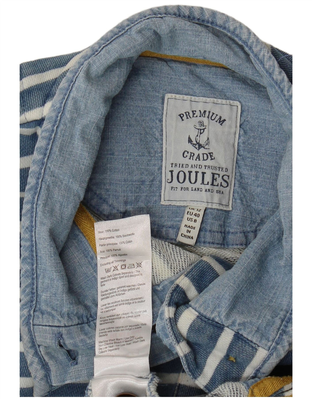 JOULES Damen-Sweatshirtpullover mit Knopfkragen, UK 12, Mittelblau gestreift