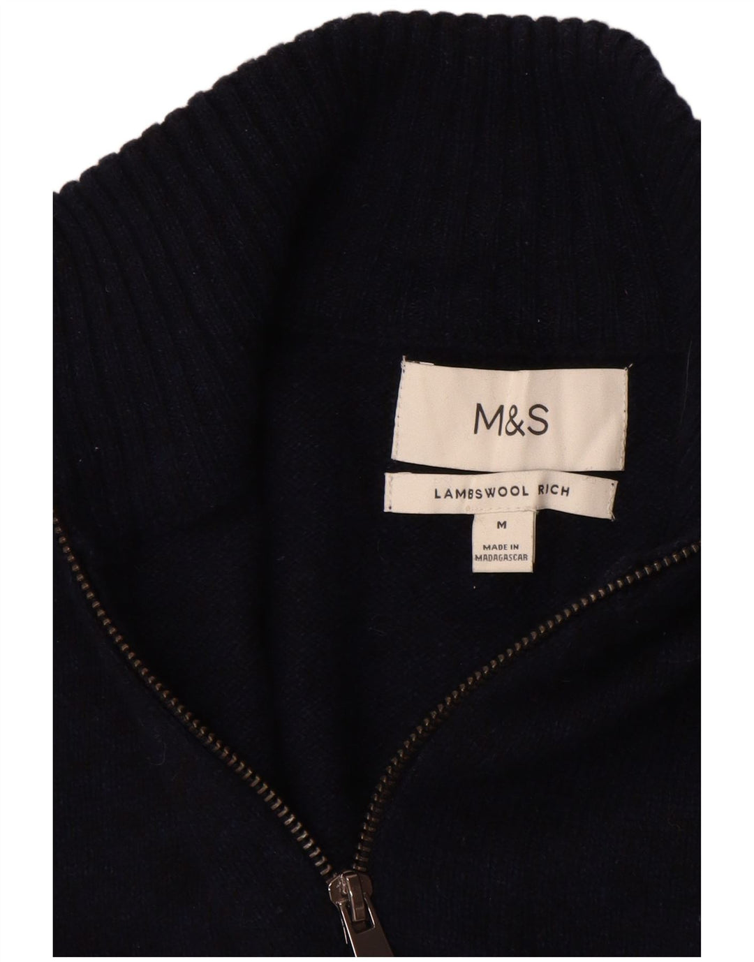 Marks & Spencer Herren-Pullover mit Reißverschluss am Hals, mittelgroße marineblaue Lammwolle
