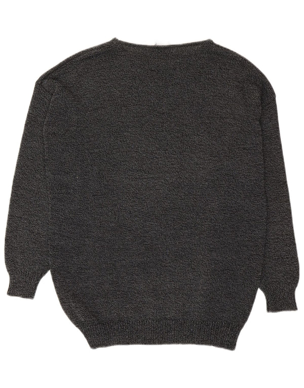 Vintage Damen Pullover mit grafischem U-Boot-Ausschnitt, UK 14, Mittelgrau meliert