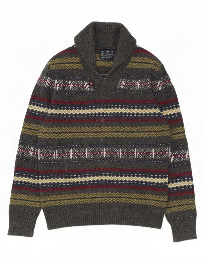 Howick Herren-Pullover mit Schalkragen, mittelgraue Fair-Isle-Lammwolle