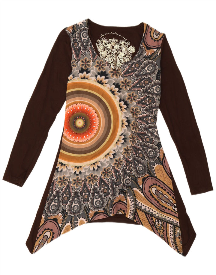 DESIGUAL Grafisches asymmetrisches Tunika-Oberteil für Damen UK 10 Small Brown Floral