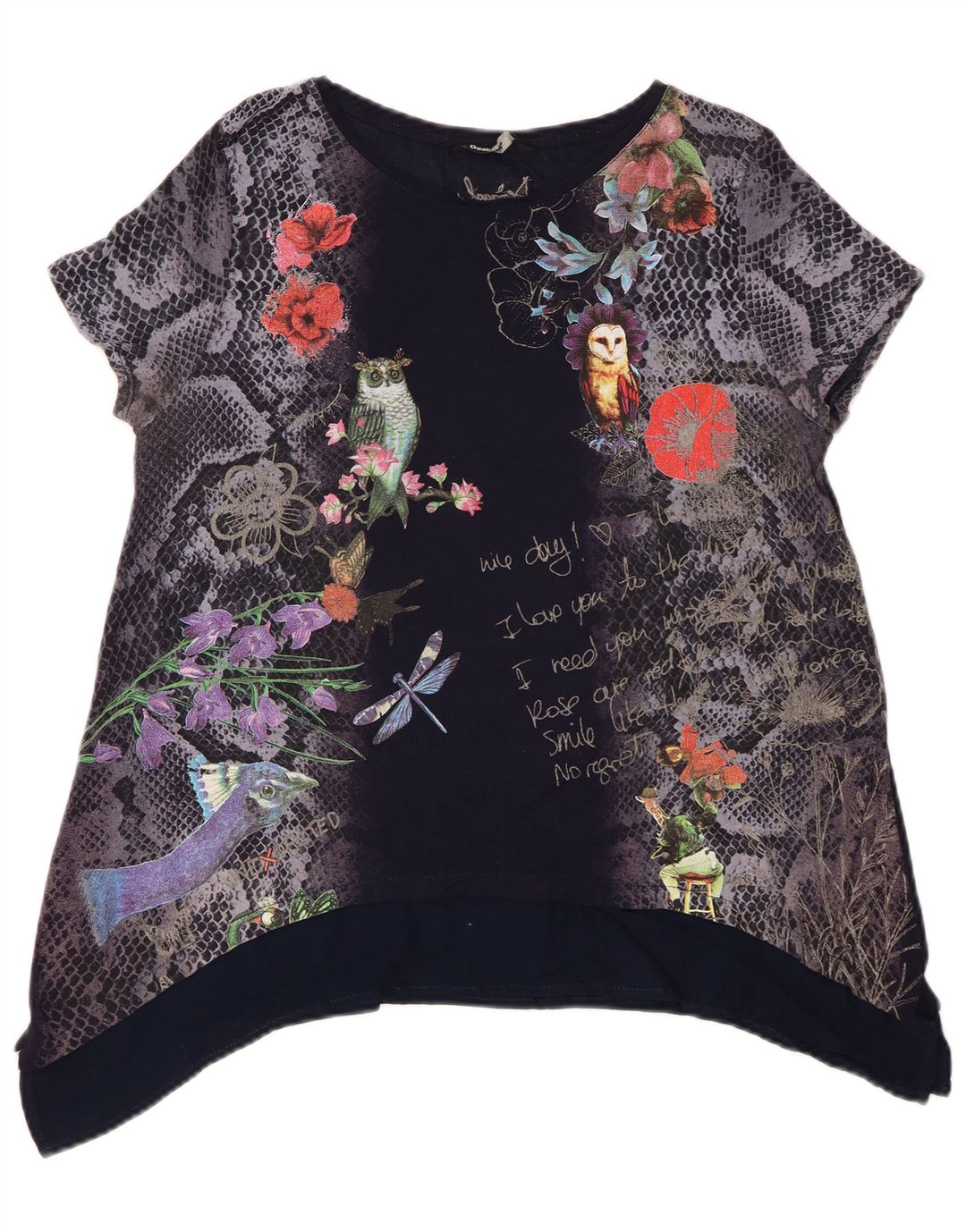 Desigual Damen Grafik-Tunika-Oberteil UK 14 Medium Marineblau mit Blumenmuster