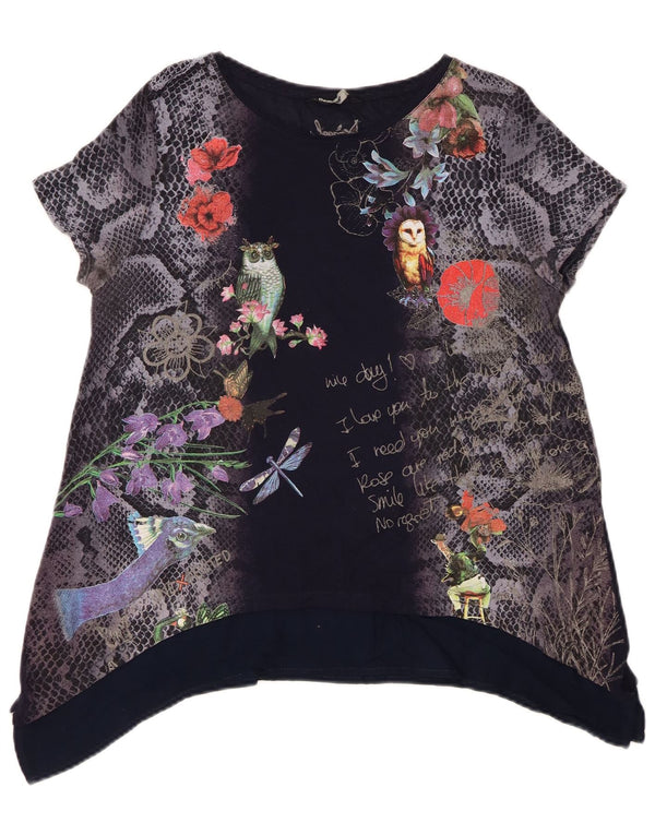 Desigual Damen Grafik-Tunika-Oberteil UK 14 Medium Marineblau mit Blumenmuster