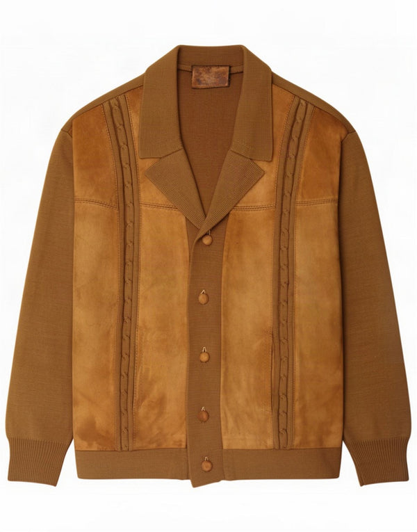 Vintage Herren Wildleder Cardigan Pullover Mittelbraun Farbblock