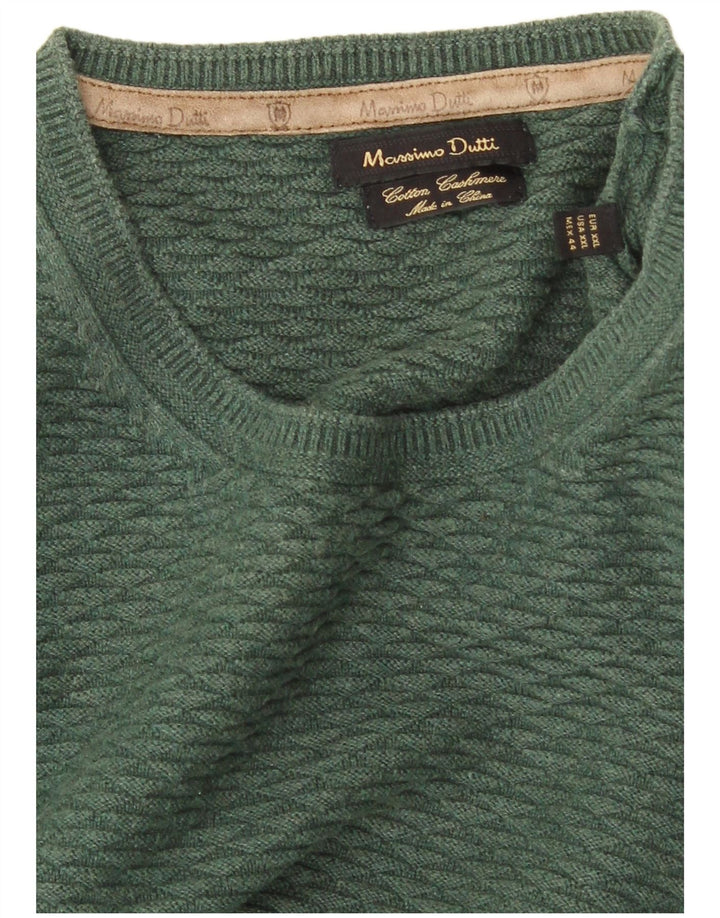 MASSIMO DUTTI Herren-Pullover mit Rundhalsausschnitt, 2XL, grüne Baumwolle