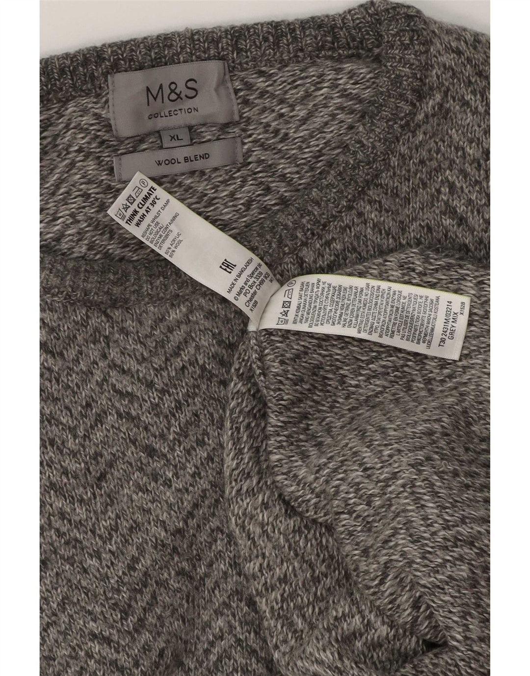 Marks & Spencer Herren-Pullover mit Rundhalsausschnitt, XL, graue Wolle mit Fischgrätenmuster