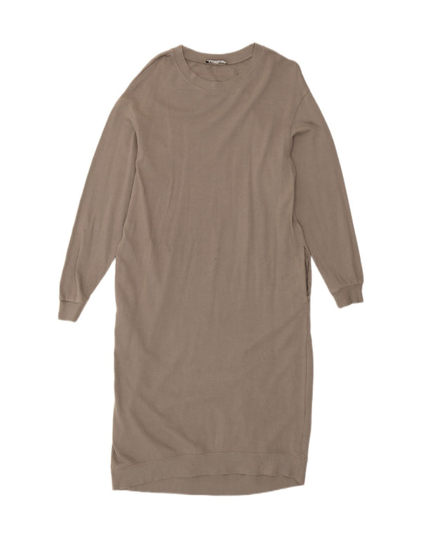 Zara Womens Sweatshirt Jumper Dress UK 10 Small Brown Cotton