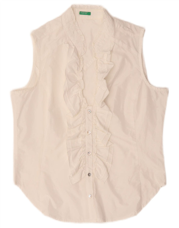 Benetton Damen-Hemdbluse mit Rüschen vorne, ärmellos, Gr. 14, Mittelweiß