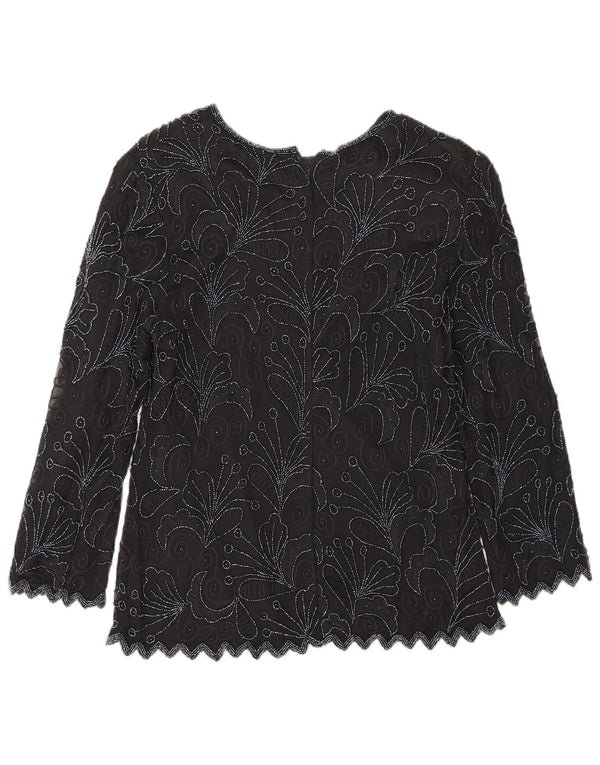 Vintage Damen Langarm-Blusenoberteil, Größe S, Größe S, Schwarz, Blumenmuster, Seide