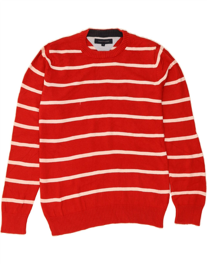 TOMMY HILFIGER Mens Crew Neck Jumper Sweater Medium Red Striped Cotton Vintage Tommy Hilfiger and Second-Hand Tommy Hilfiger from Messina Hembry 