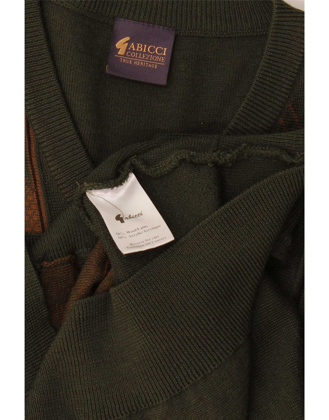 Gabicci Herren-Pullover mit V-Ausschnitt, groß, Khaki, gestreift, Wolle