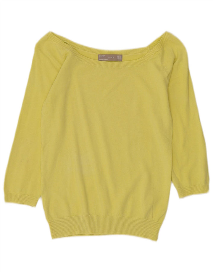ZARA Damen Pullover, bauchfrei, 3/4-Ärmel, U-Boot-Ausschnitt, Gr. 8, Gelb