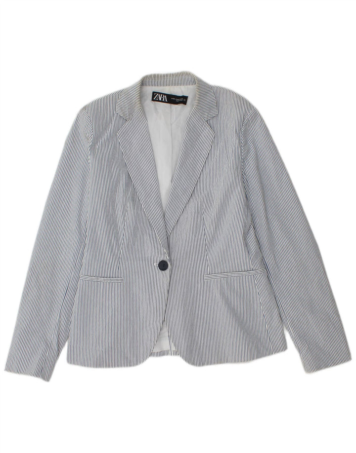 Zara Damen-Blazer mit 1 Knopf, EU 36, kleine blaue Nadelstreifen-Baumwolle