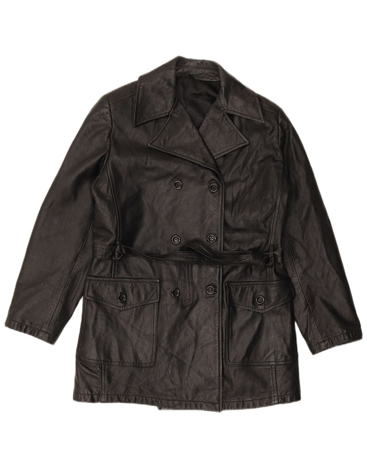 VINTAGE Damen Zweireihiger Ledermantel IT 44 Mittelschwarzes Leder